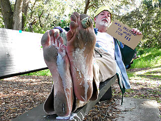 Latino twinks worship street person's dirty feet.